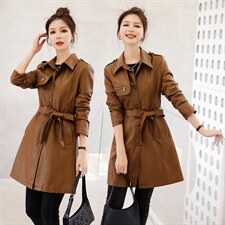 皮衣外套女春秋2023新款时尚潮流收腰气质修身显瘦长款皮衣风衣潮，女装皮衣，缘衣格