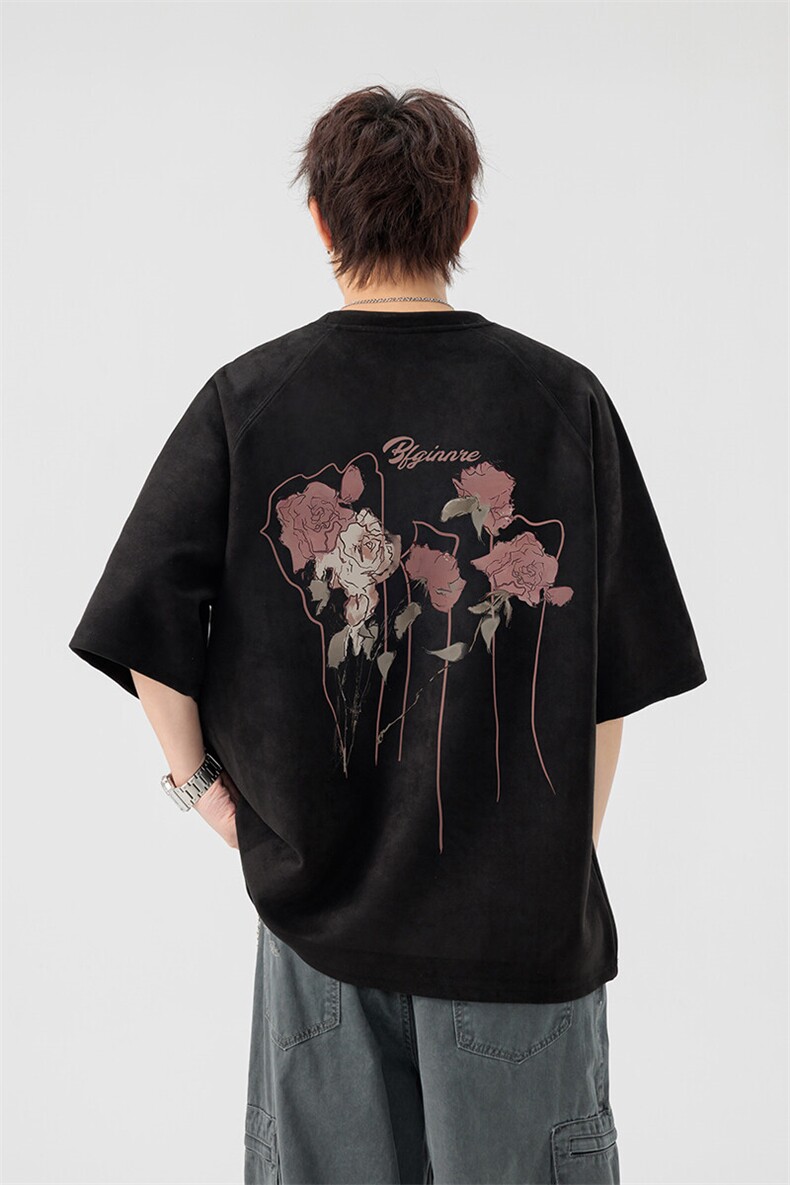 新款美式潮流麂皮绒短袖t恤大码宽松港风情侣半袖上衣H9927-P28,男装T恤,电商B295