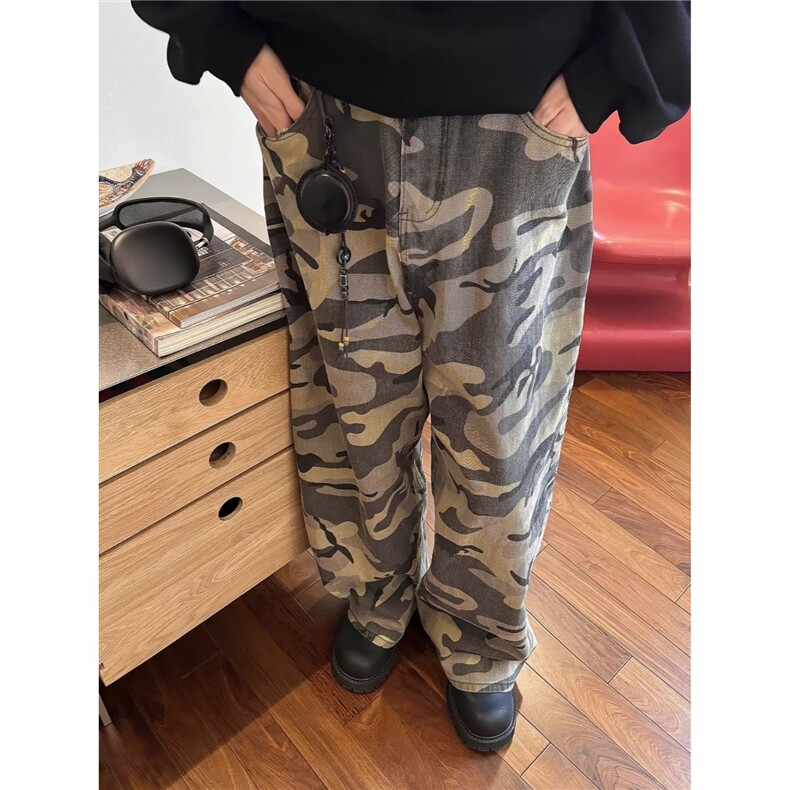 美式复古宽松牛仔工装迷彩裤男女高腰高街直筒拖地阔腿休闲长裤图片