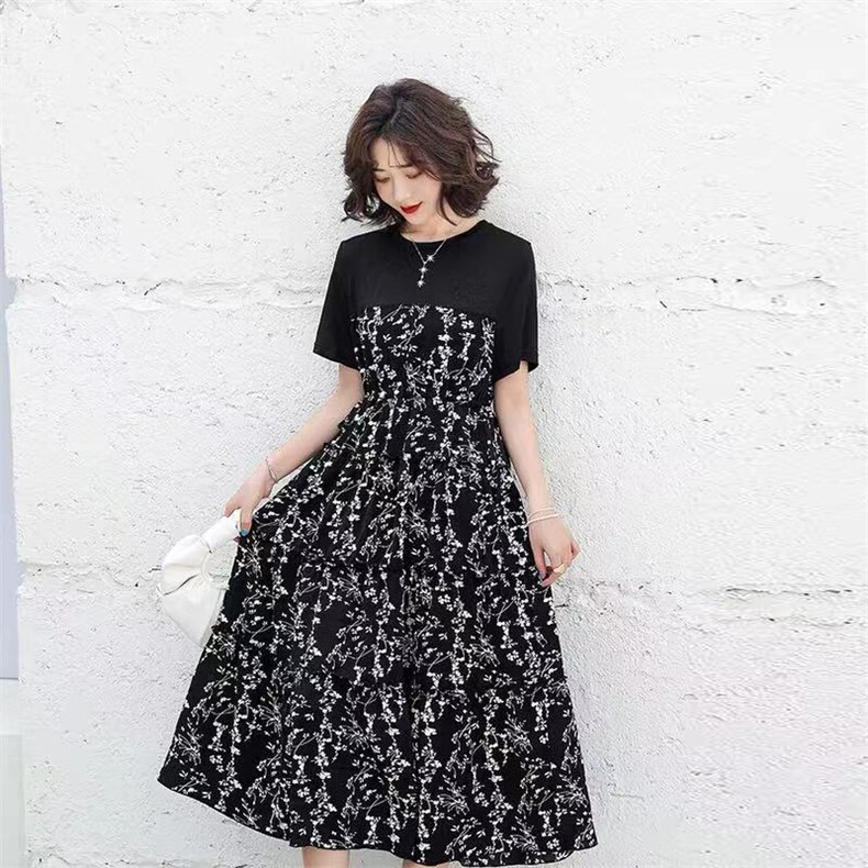 碎花连衣裙女2021年夏季新款中长款洋气减龄显瘦过膝长款打底裙子,女装连衣裙,潮品会