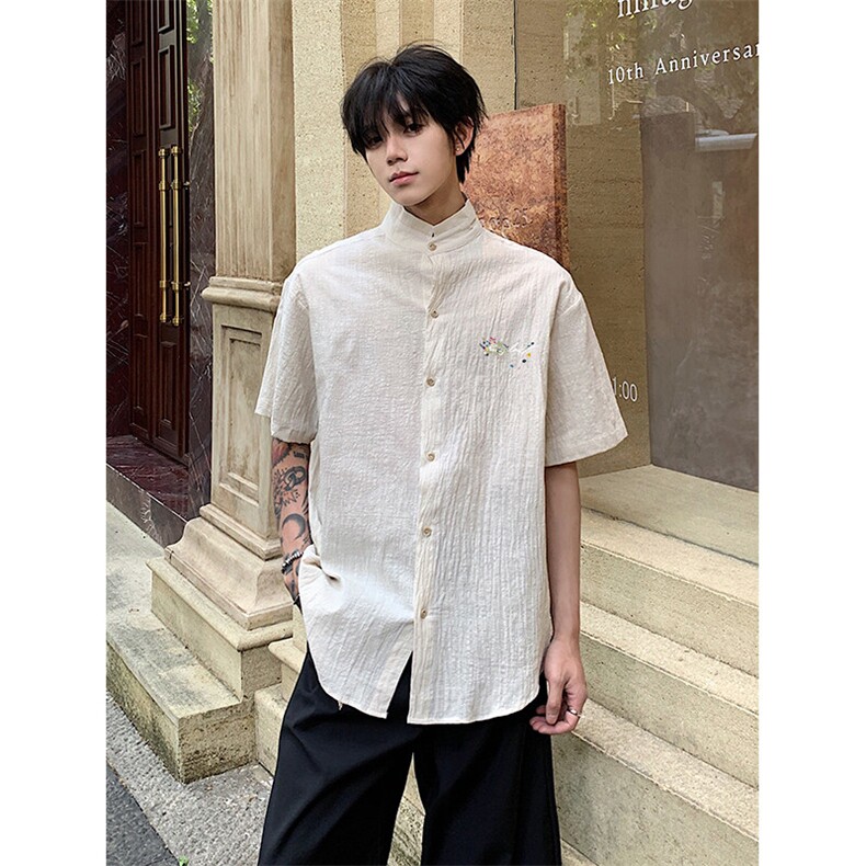 新中式印花短袖衬衫男5XT3033-TP3558夏季肌理感小立领衬衣,男装衬衫,电商A102