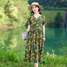 高端棉麻碎花连衣裙女2025夏季新款复古气质短袖妈妈印花减龄裙子，女装连衣裙，倪叶myz