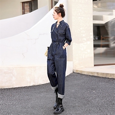 2022秋季新款简约时尚个性气质翻领抽绳收腰显瘦牛仔连体长裤，女装连体裤，瑶迪依秀