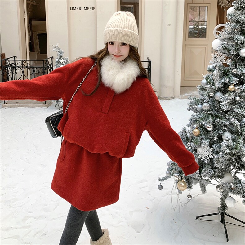 新款节日风加厚绒感卫衣上衣+短裙两件套2C277-9531-P165-K238,女装套装/套裙,2C277