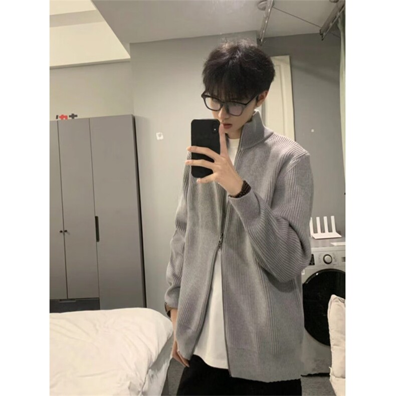 抖音得物保暖立领拉链针织外套秋冬宽松慵懒风纯色毛衣上衣AM02,男装针织衫/毛衣,电商A443