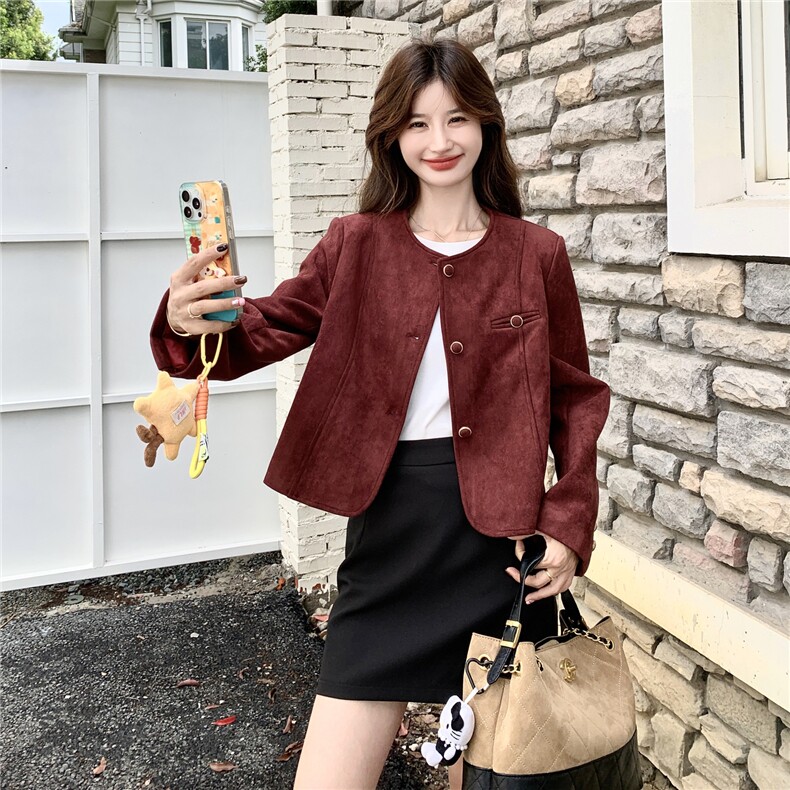 时髦复古感圆领麂皮绒外套女2025秋季小个子气质显白短款百搭外套,女装短外套,2C273