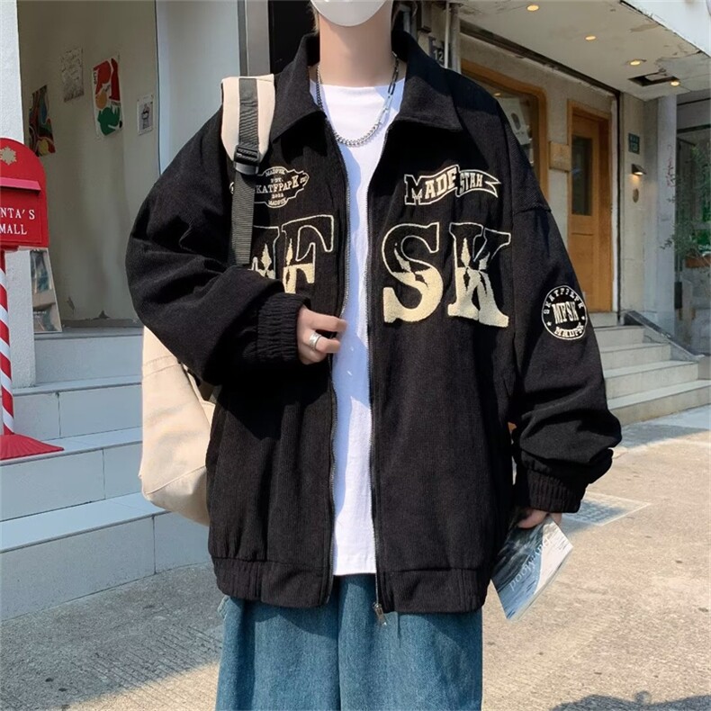 潮牌美式复古灯芯绒棒球服夹克男女宽松vintage情侣外套W505-P69图片