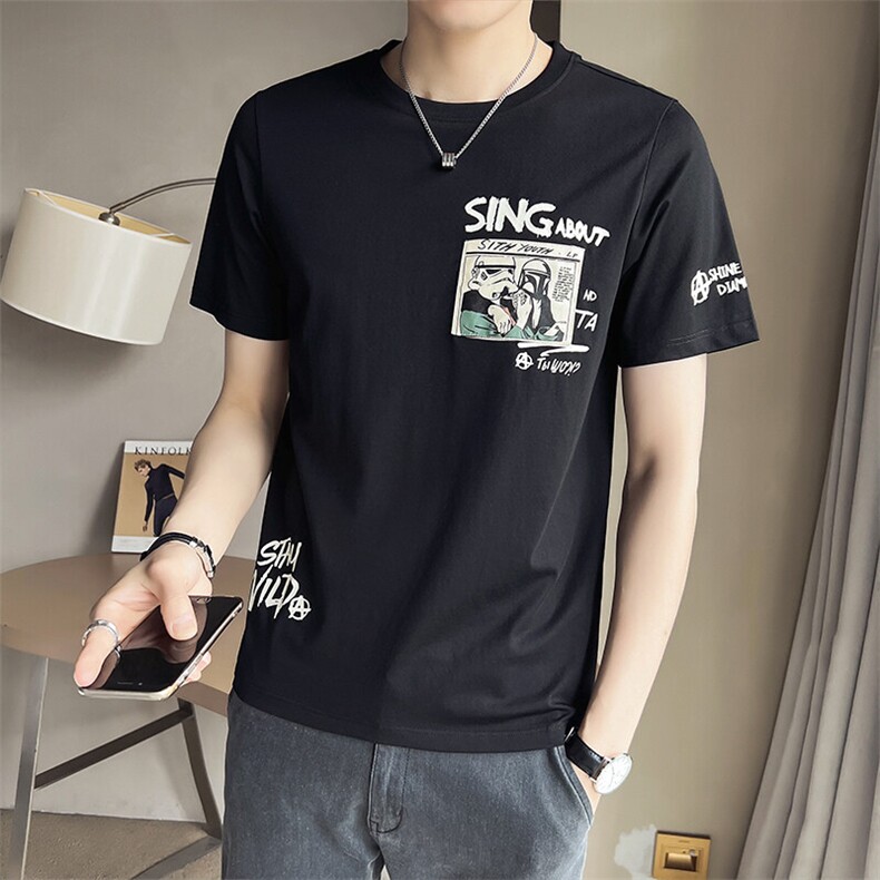 2025新款男士短袖T恤夏季潮牌贴布卡通印花半袖A313-6616-P45,男装T恤,电商A313