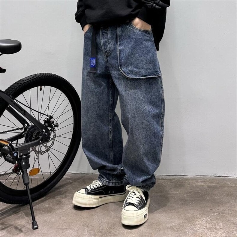 春秋休闲百搭做旧港风情侣日系街头宽松不对称牛仔裤男N3009，男装牛仔裤，星座1116A（原606A-3）