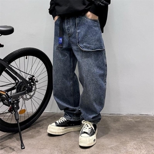 春秋休闲百搭做旧港风情侣日系街头宽松不对称牛仔裤男 N3009图片