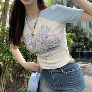 H0844-P35夏季新款甜辣妹印花百搭短袖T恤短款撞色正肩时尚上衣图片