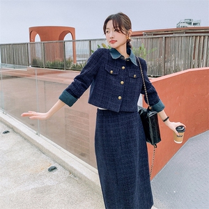 牛仔拼接小香风毛呢外套女2025春新款轻熟风时尚穿搭半身裙两件套图片