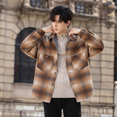 设计师款男士短款毛呢外套千鸟格翻领咖色呢子95371-P360控648，男装毛呢大衣，电商A355（原A415）