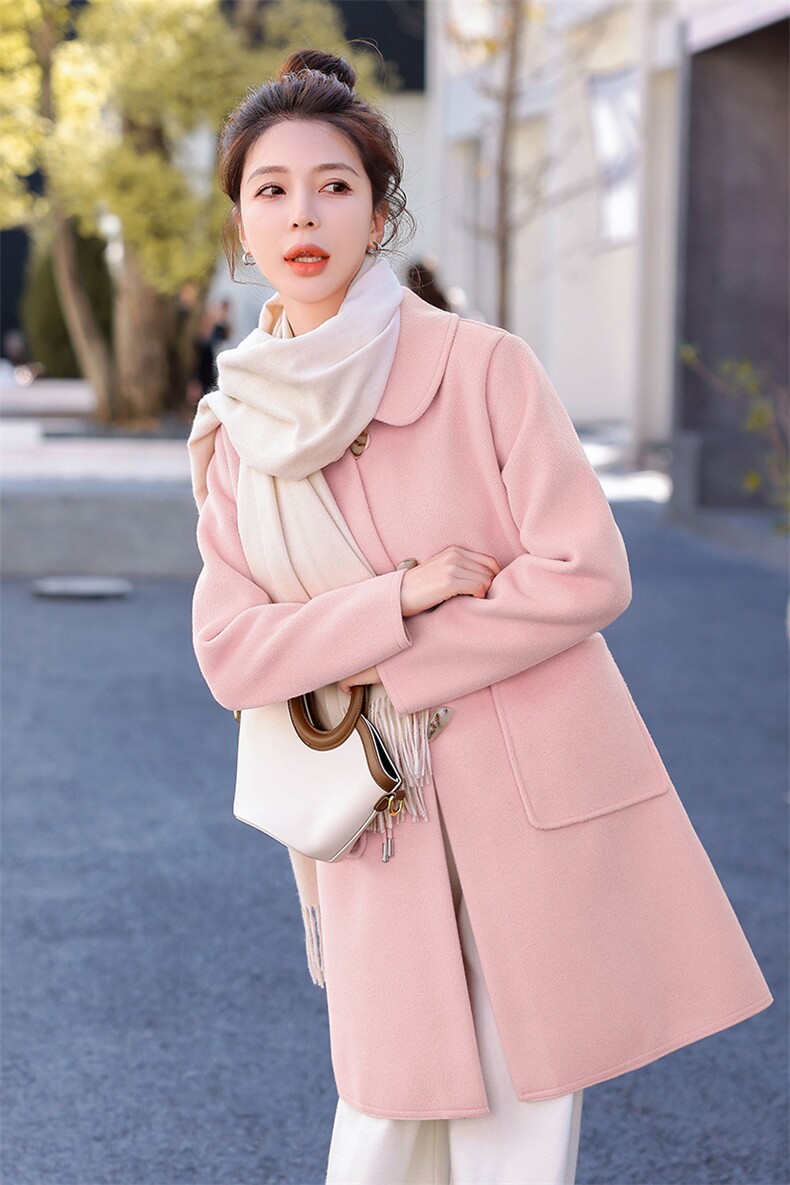 2023秋冬季韩版宽松复古休闲牛角扣呢大衣,女装毛呢外套,乐吉娜