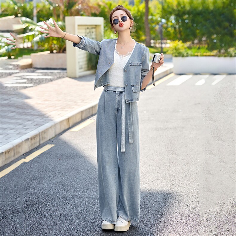 时尚蕾丝花边牛仔套装女2025春季新款超火穿搭短外套阔腿裤两件套,女装套装/套裙,贵人树