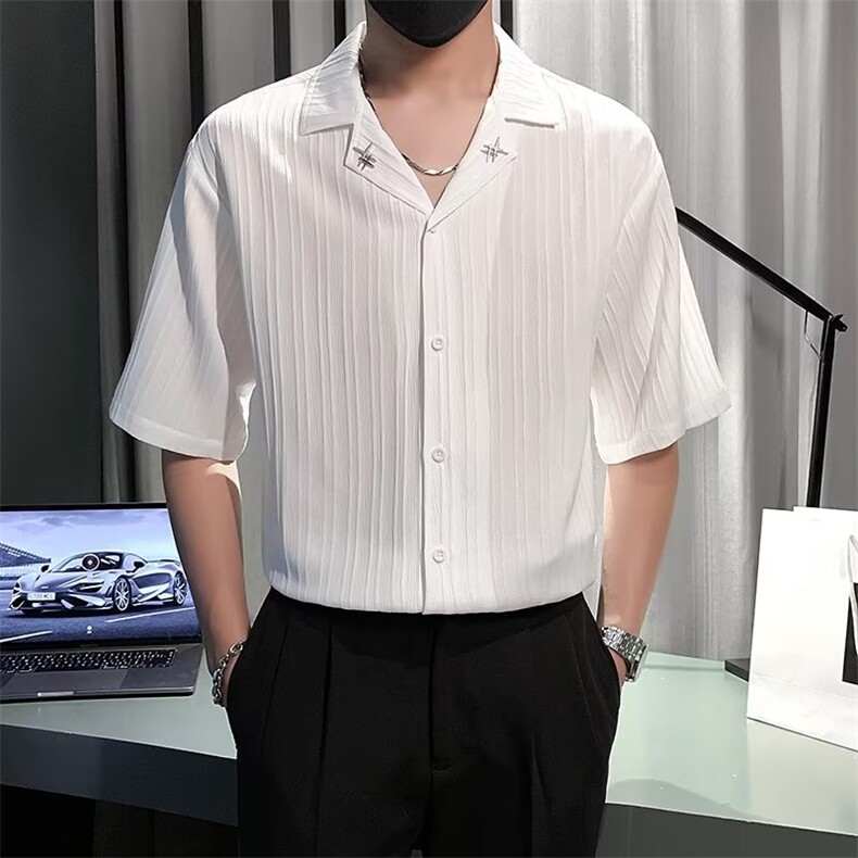 夏季短袖衬衫男潮牌痞帅冰丝半袖衬衣2024新款男士休闲五分袖上衣图片
