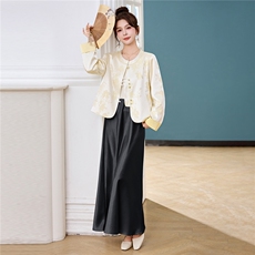 新中式G风套装女2026春新款优雅时尚复古盘扣刺绣文艺范两件套裙，女装套装/套裙，卡杰菲