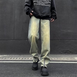 美式高街牛仔裤男春季潮牌复古直筒水洗做旧拉链开衩长裤~NK7070图片