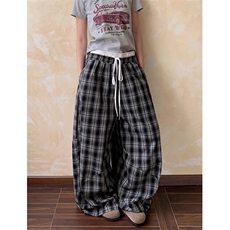 松弛感慵懒风黑白格纹垂感拖地裤女宽松夏季阔腿休闲裤L90288-P49，男装休闲裤，星座1008-1