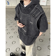 现货！25春季连帽男士设计感刺绣水洗假两件短袖dx188-p78，男装T恤，电商B288