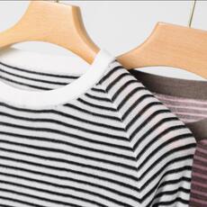 扬子纱羊毛精纺条纹圆领针织衫，女装针织衫/毛衣，杭跃羊绒