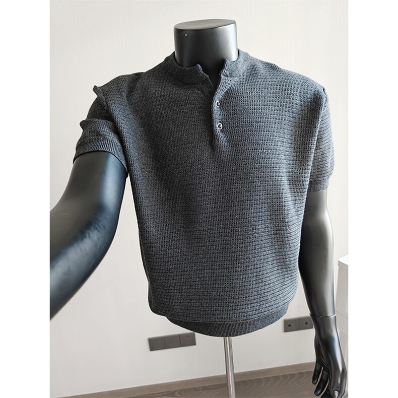 盗图老钱风亨利领纯色凉感复古针织短袖POLO衫H91055/P58控88，男装T恤，电商A243