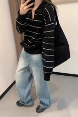新款v领条纹针织宽松衫时尚休闲慵懒风，女装针织衫/毛衣，锦瑟羊绒