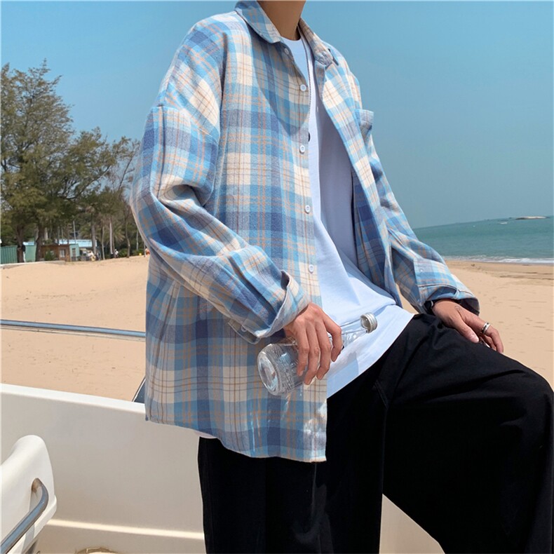 格子长袖潮牌潮流日系宽松港风百搭韩版复古休闲衬衣  W1116-P36图片