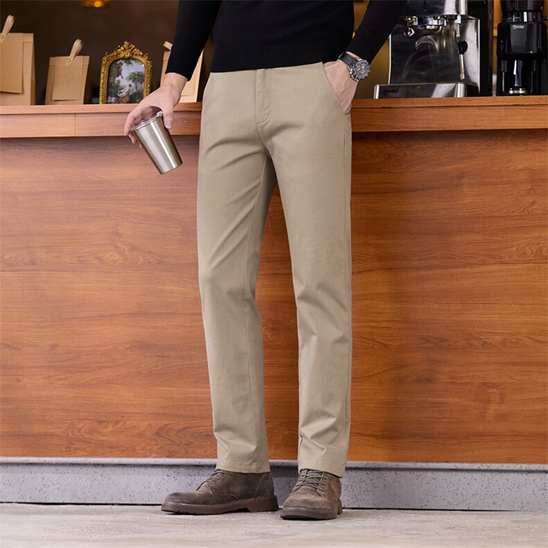 卡其色轻商务男休闲裤中青年高端纯棉直筒微弹凉感透气百搭长裤图片