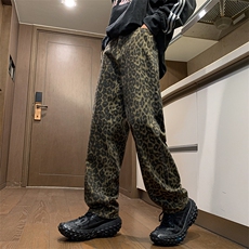 秋冬新款高街美式复古豹纹直筒宽松阔腿牛仔裤N0683-P45，男装牛仔裤，星座308B-1