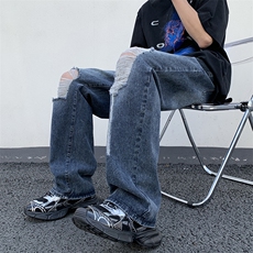 春夏破洞牛仔裤男装ins潮流宽松阔脚直筒裤子高街vibe长裤，男装牛仔裤，星座410-7