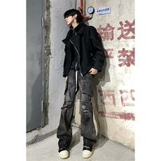 短款毛呢外套夹克斜拉链解构设计感黑色翻领外套DY193-P90，男装夹克，星座1213
