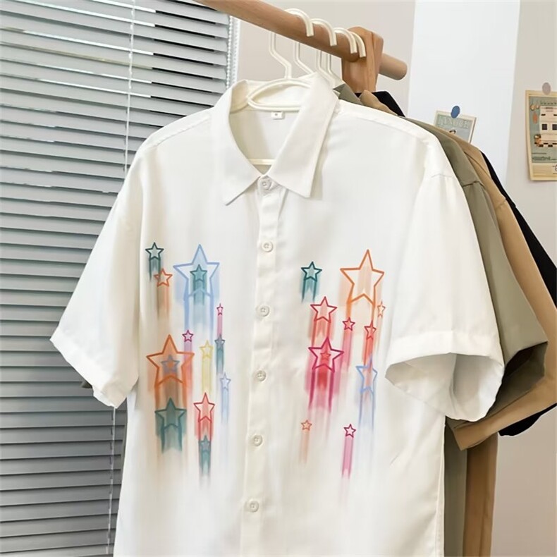星星彩色涂鸦五分袖衬衫男女夏季新款休闲衬衫ZC25 P32图片