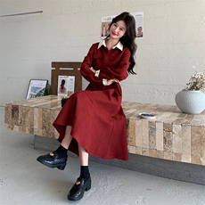 法式复古红色灯芯绒连衣裙女2025春季新款高级感时尚气质衬衫裙子，女装连衣裙，浙宝203