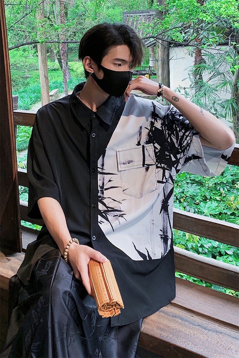 特批P25无差价夏季新中式冰丝垂感拼接高级感短袖衬衣男士CD2292,男装衬衫,电商A001