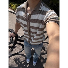 美式复古镂空针织条纹短袖衬衫男早秋季慵懒风高级感半袖衬衣外套，男装T恤，四季星座505