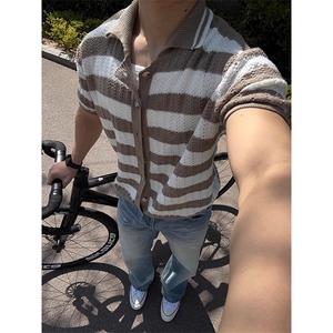 美式复古镂空针织条纹短袖衬衫男早秋季慵懒风高级感半袖衬衣外套图片