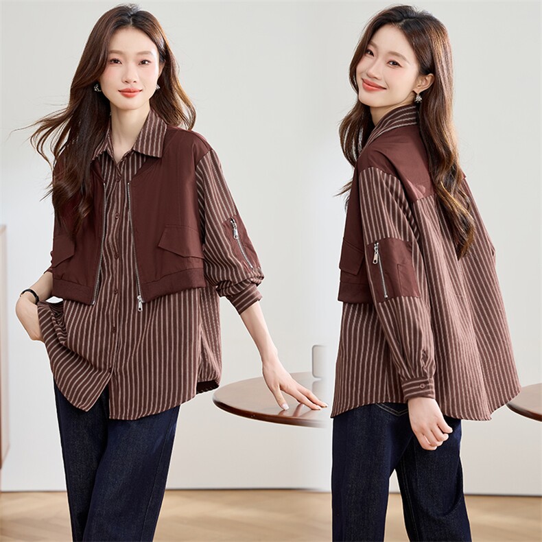 2024秋装新款时尚简约拼接条纹假两件衬衫，女装衬衫，深水步