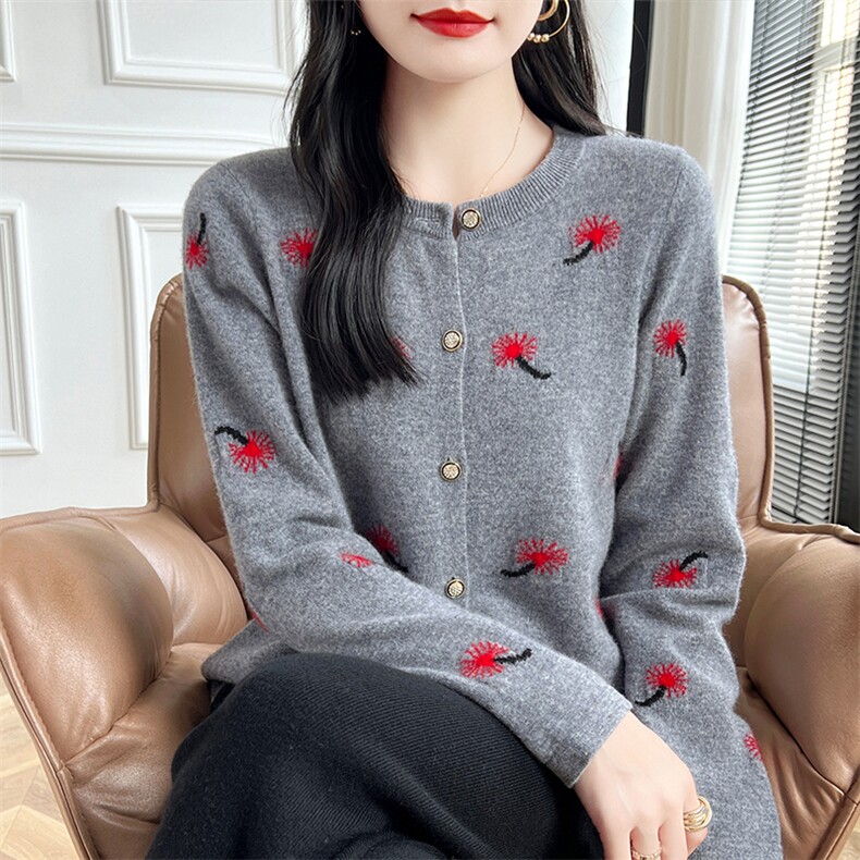 绣花圆领短款羊毛衫女2024年秋冬新款休闲舒适,女装羊毛衫,蒙特羊绒