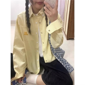 X05-P37 美式复古黄色条纹衬衫女2025夏季小狗刺绣防晒外套图片