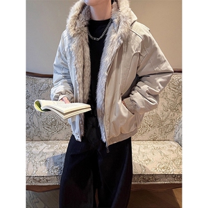 现货高品质美式高街冬季重磅硬挺短款座山雕毛领棉衣男女加厚外套图片