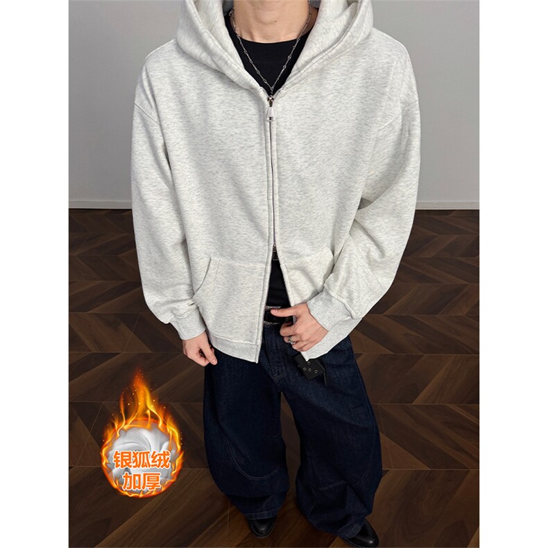 宽松480g重磅加绒银狐绒双拉链连帽卫衣外套男W24581J加绒-特P40，女装短外套，电商A001