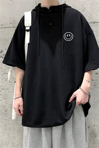 LD54224-P45 连帽短袖t恤男大码胖子带帽五分袖中袖 大皂风图片
