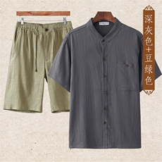 主推款男士高端中老年亚麻短袖T恤短裤套装中年棉麻休闲大码短袖，男装大码男装，钱塘723