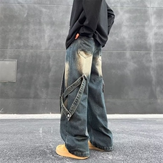牛仔裤男美式高街复古重工做旧拼接设计直筒阔腿长裤潮K8933-P60，男装牛仔裤，星座1109-1