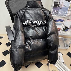 中性风平铺鳄鱼纹棉衣男手塞棉夹克PU皮棉服外套男8507P120控158图片