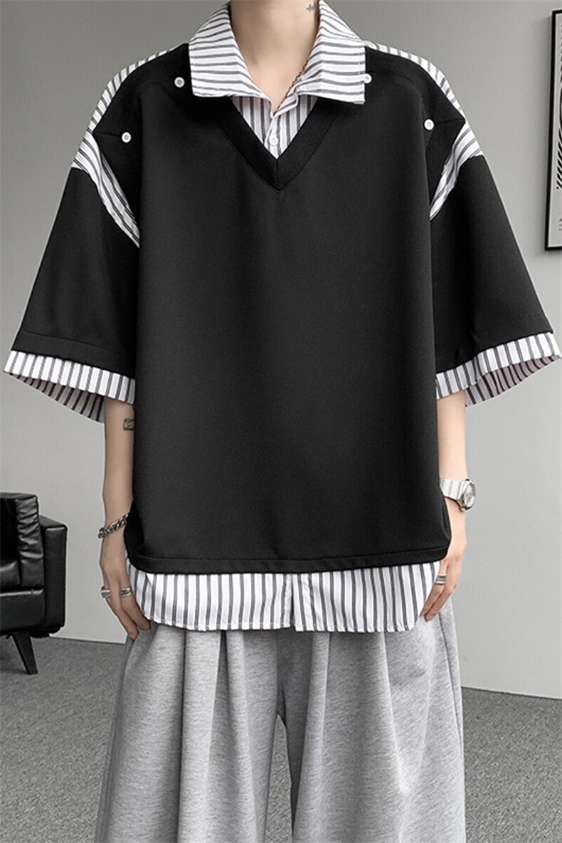 学院衬衫领t恤设计解构假两件短袖条纹拼接七分袖POLO衫DT009P50,男装T恤,电商B312