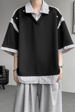 学院衬衫领t恤设计解构假两件短袖条纹拼接七分袖POLO衫DT009P50，男装T恤，电商B312