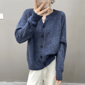 之he同款山羊绒花纱开衫圆领加厚宽松针织开衫外套毛衣女秋冬