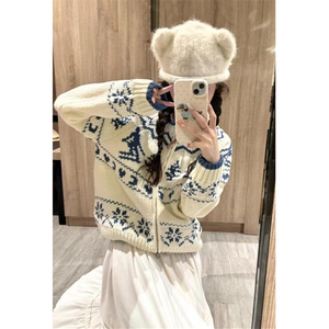 费尔岛圣诞提花毛衣开衫女冬季新款设计感拉链针织衫外套 M3303图片